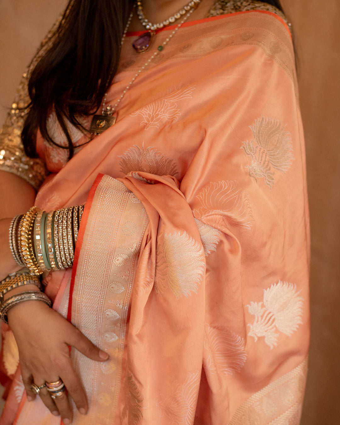 Shloka - Coral Silk Banarasi Mashroo Saree