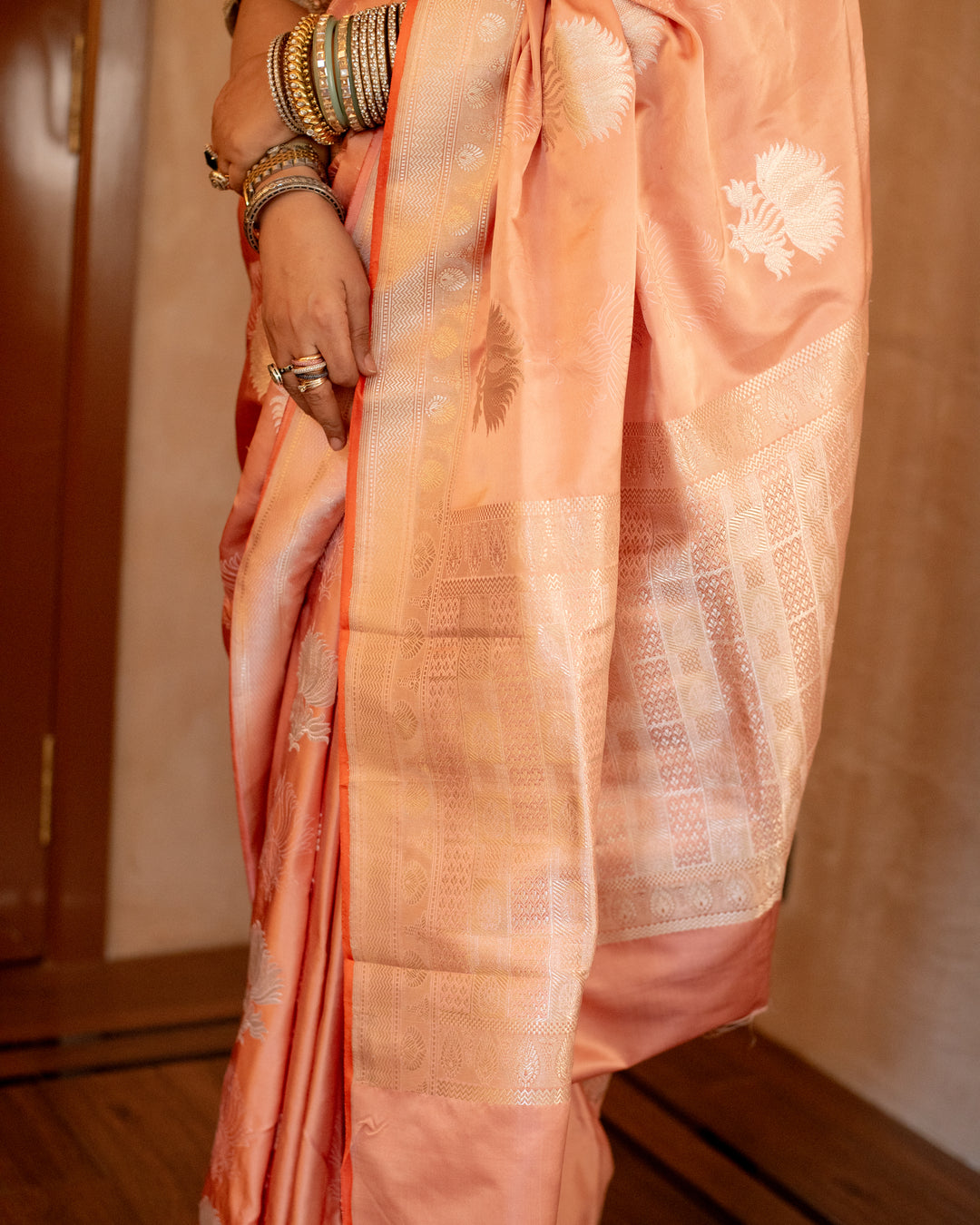 Shloka - Coral Silk Banarasi Mashroo Saree