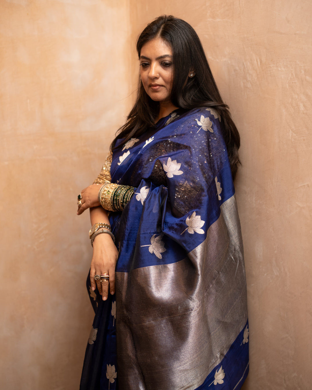 Nilaya - Navy Blue Silk Chanderi Saree