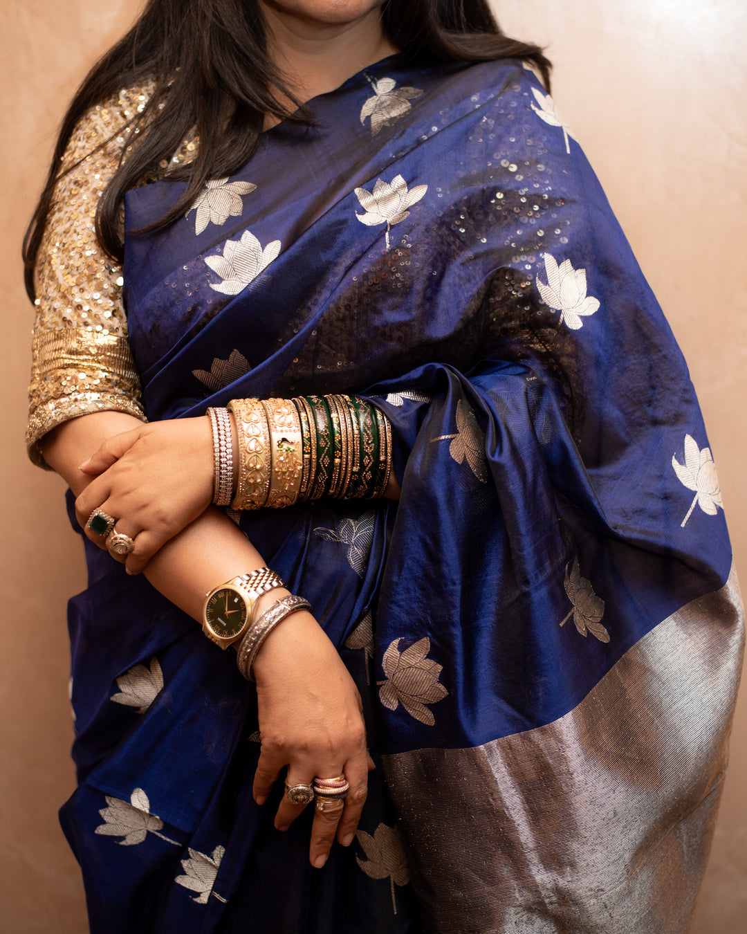 Nilaya - Navy Blue Silk Chanderi Saree