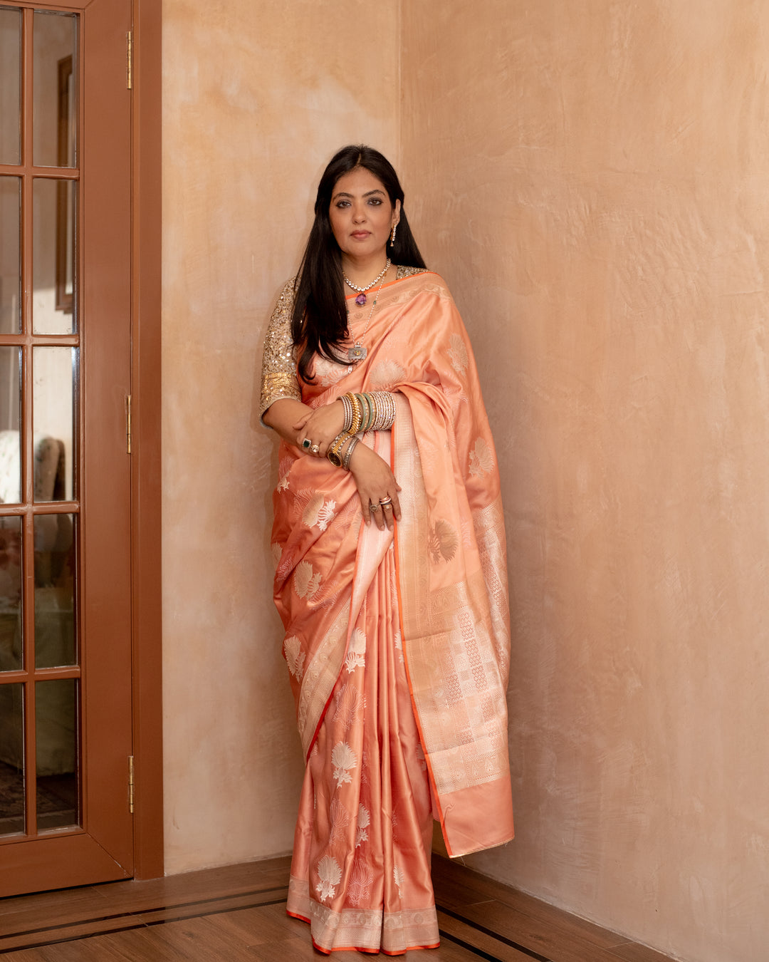 Shloka - Coral Silk Banarasi Mashroo Saree