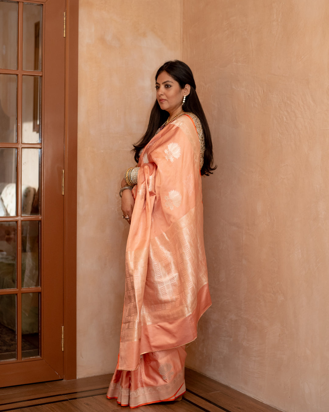 Shloka - Coral Silk Banarasi Mashroo Saree