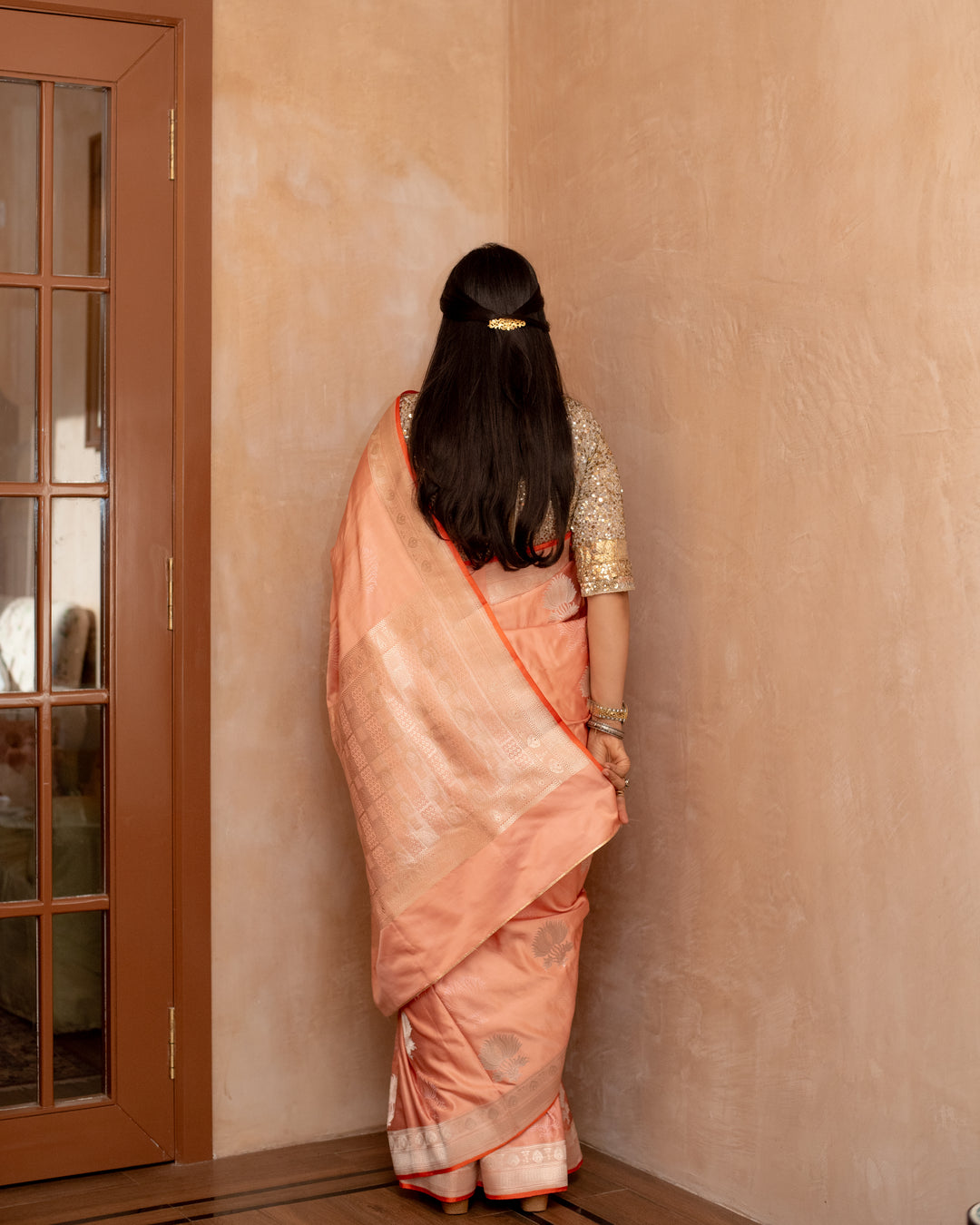 Shloka - Coral Silk Banarasi Mashroo Saree