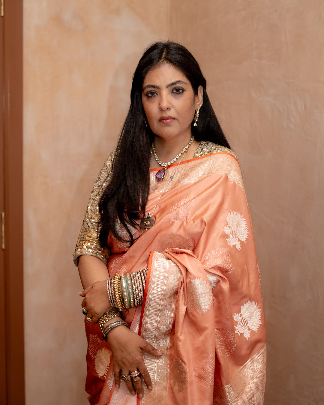 Shloka - Coral Silk Banarasi Mashroo Saree