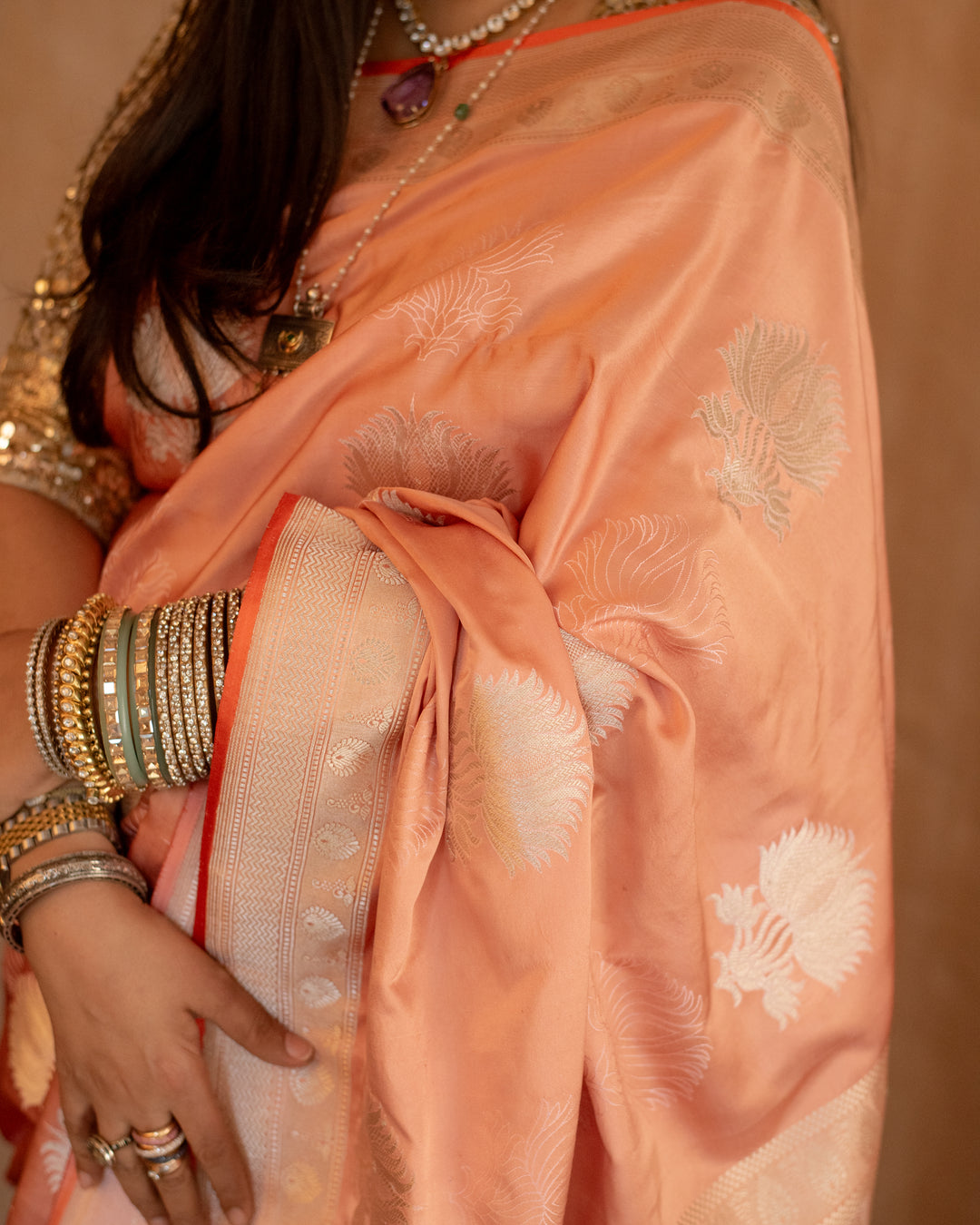 Shloka - Coral Silk Banarasi Mashroo Saree
