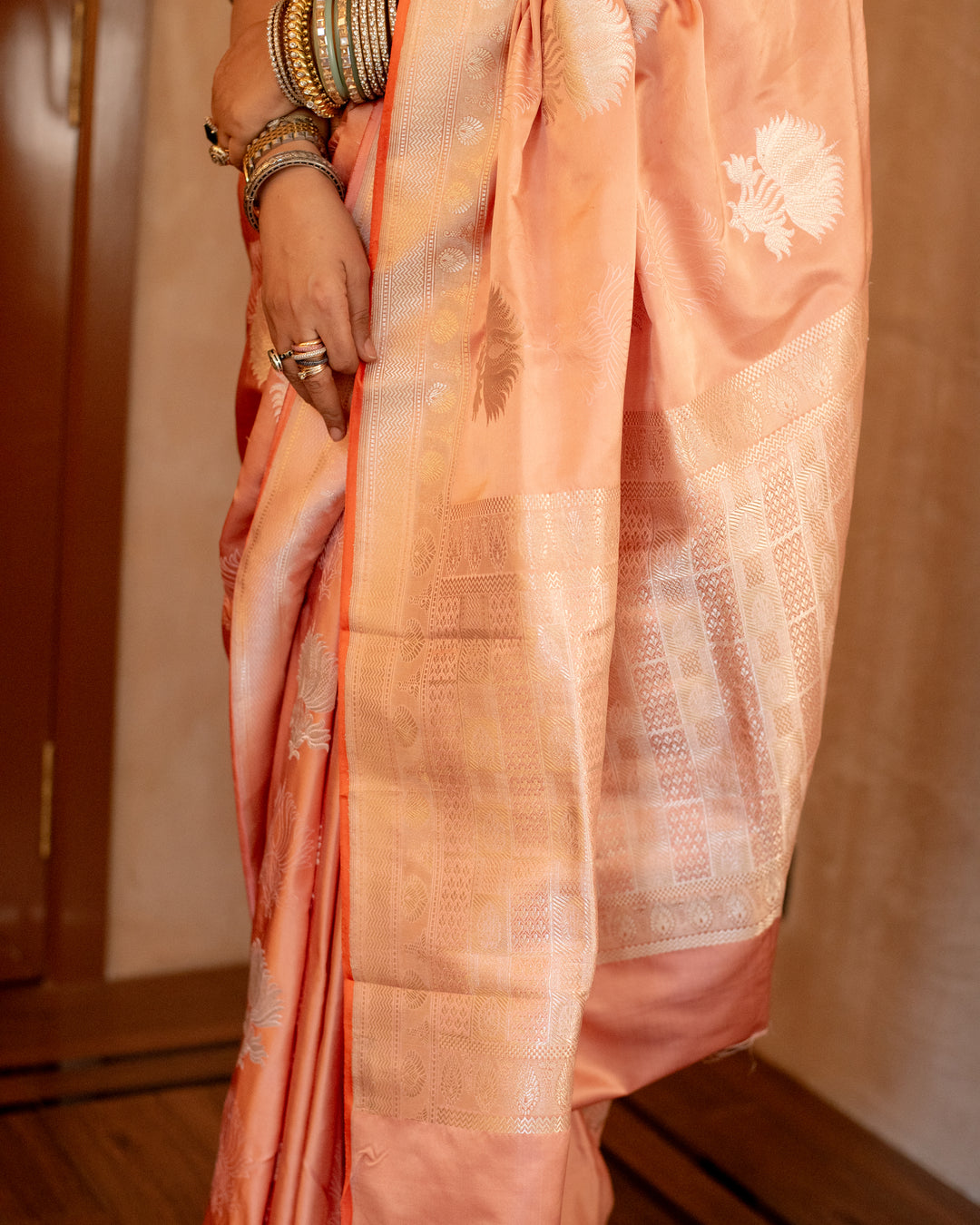 Shloka - Coral Silk Banarasi Mashroo Saree