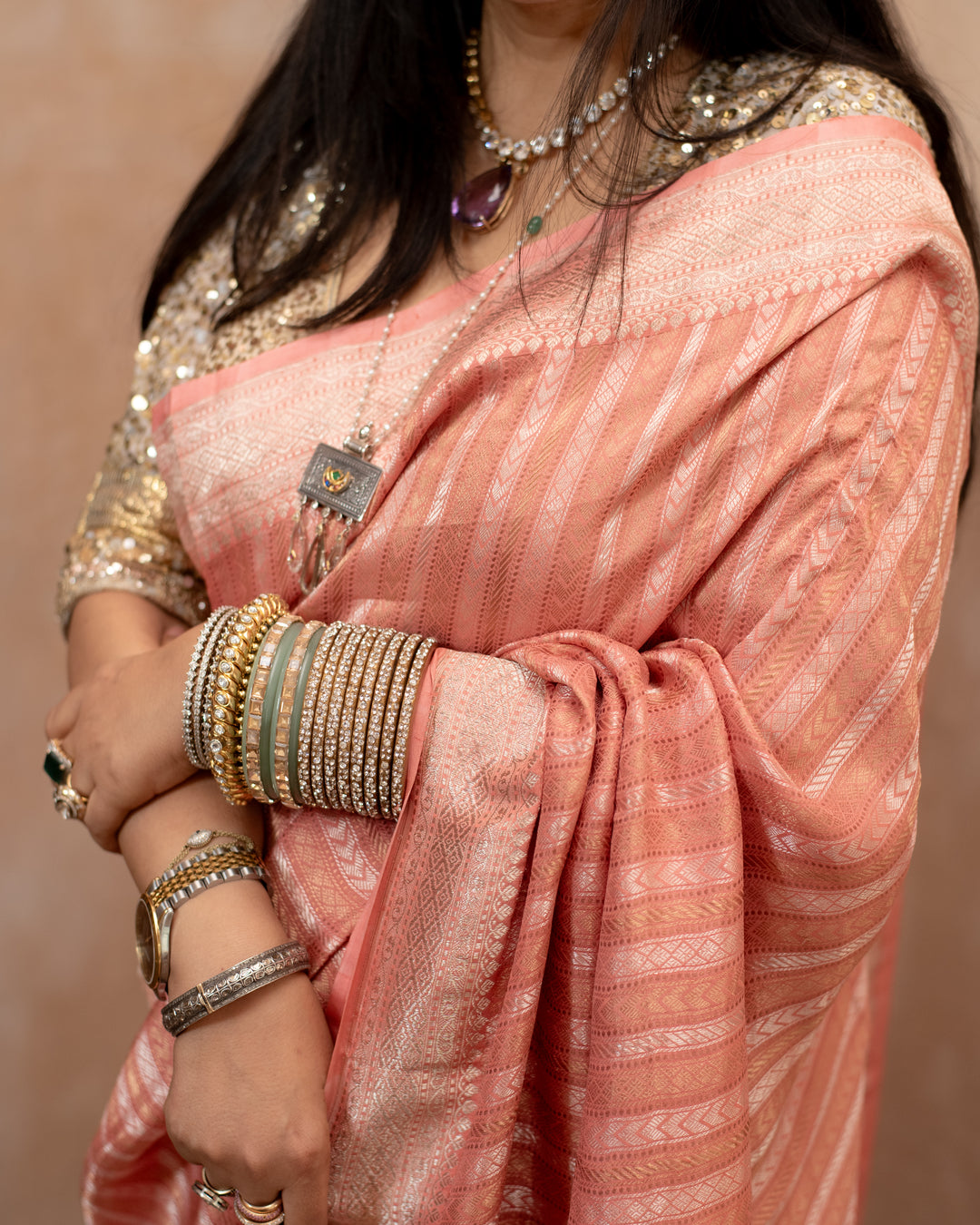 Vasanti - Coral Georgette Silk Banarasi Saree