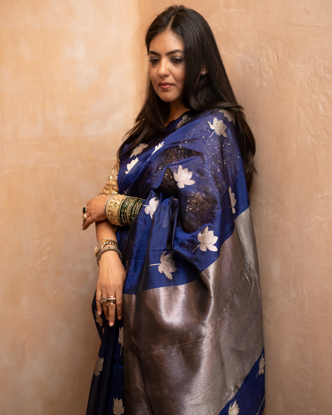 Nilaya - Navy Blue Silk Chanderi Saree