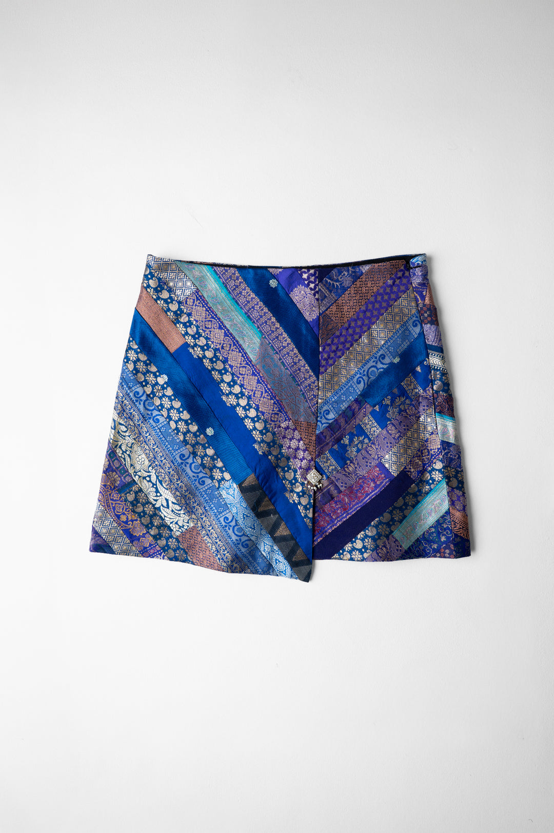 Dhara - Blue Silk Brocade Upcycled Patchwork Mini Skirt