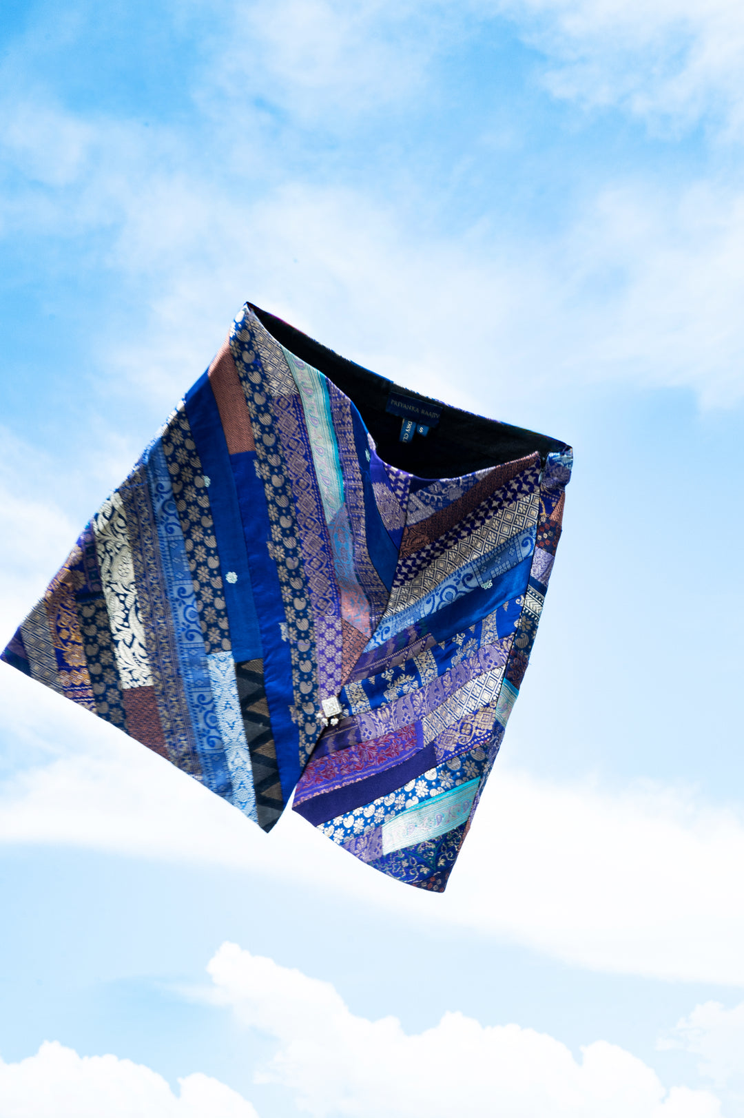Dhara - Blue Silk Brocade Upcycled Patchwork Mini Skirt