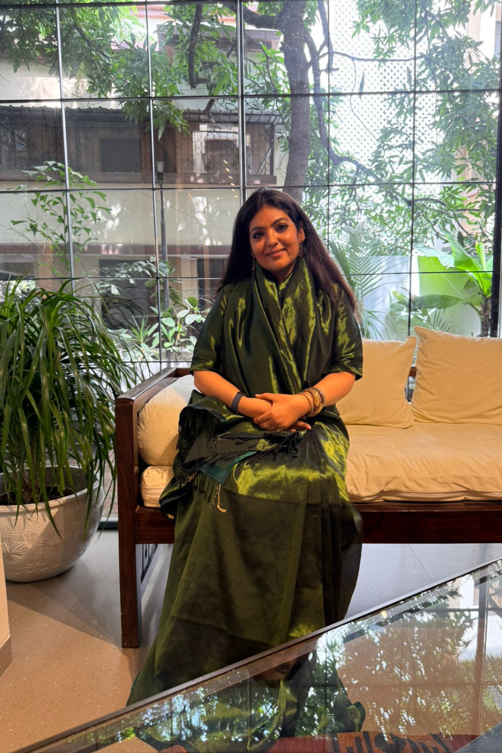 Harini - Green cotton maheshwari tissue saree