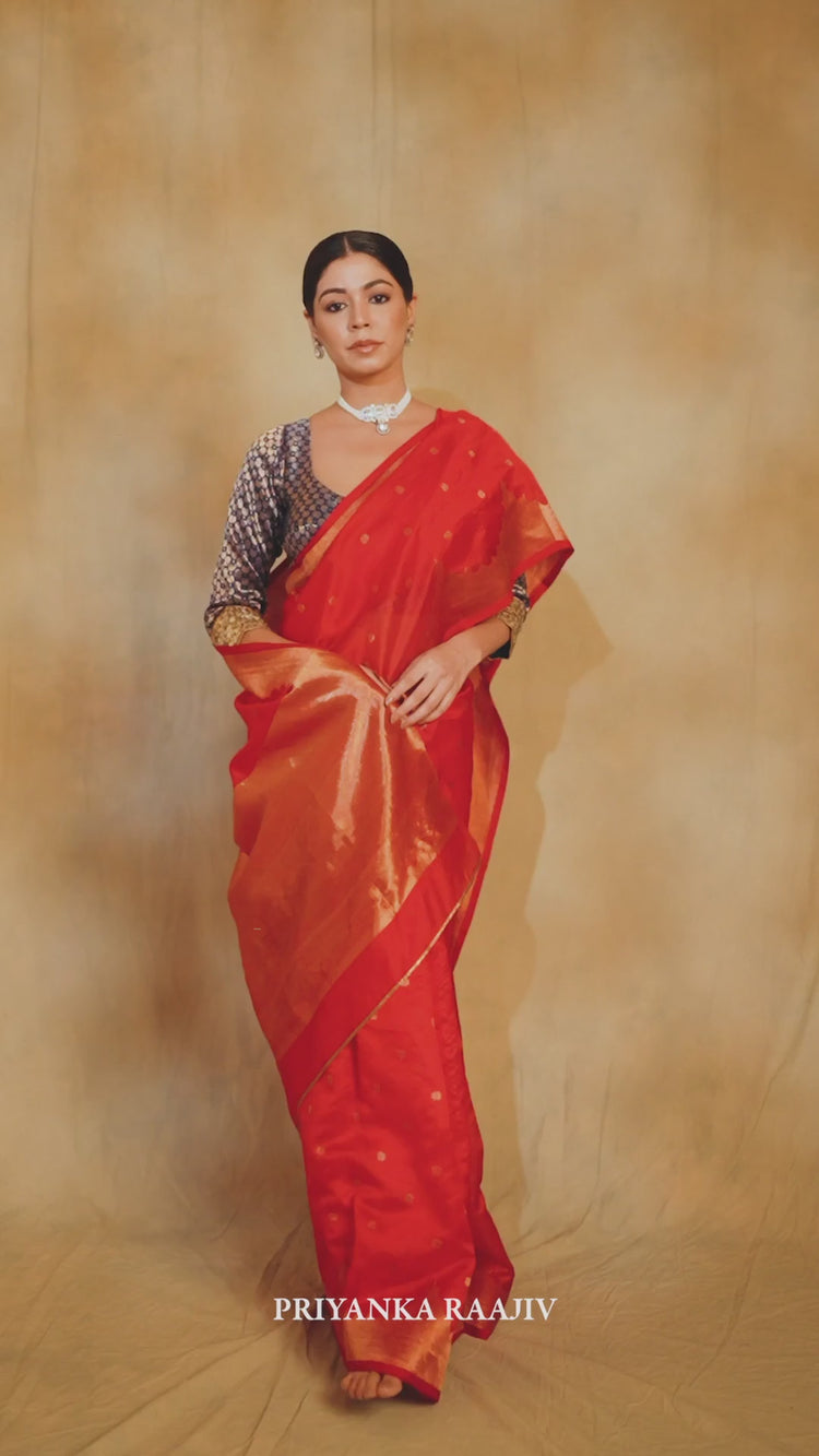 Sora- Red Silk Chanderi Tissue Saree