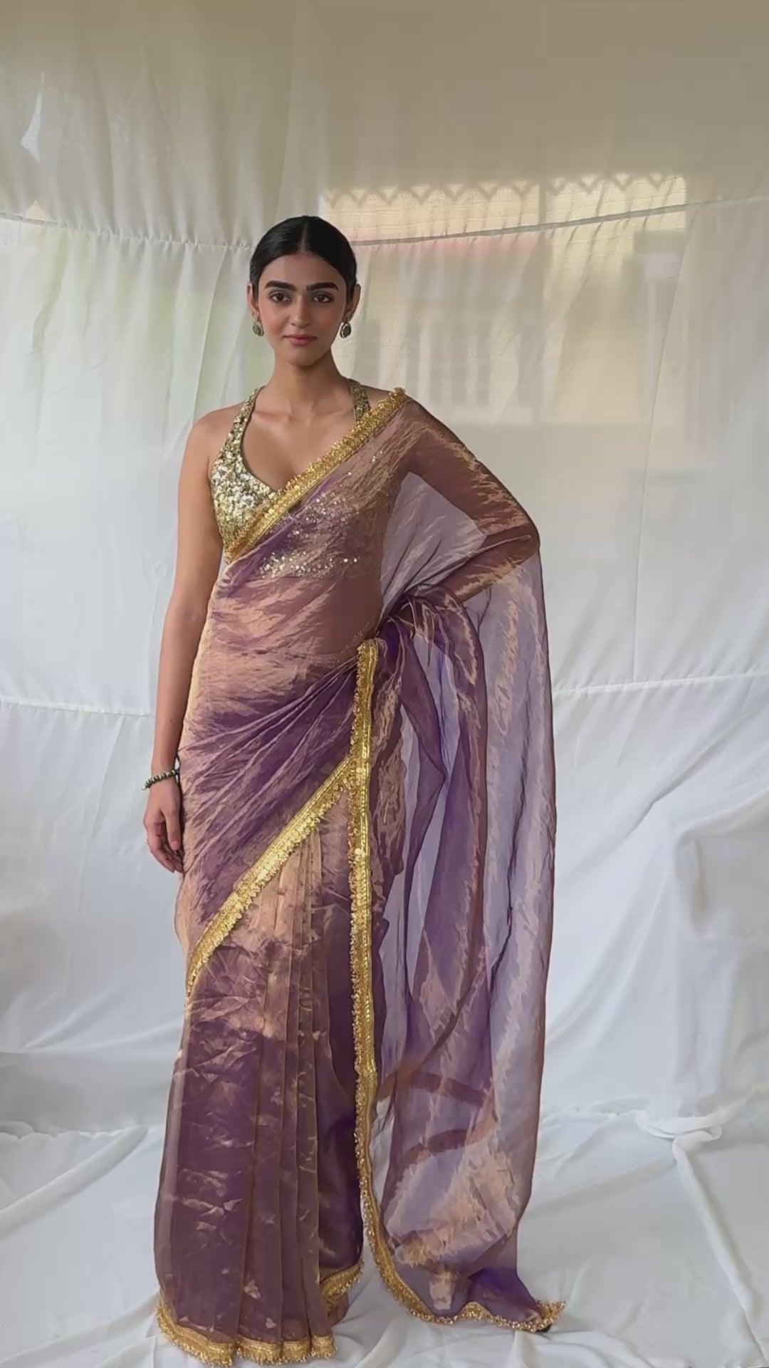 Teej - Purple and Gold Silk Chanderi Tissue Saree