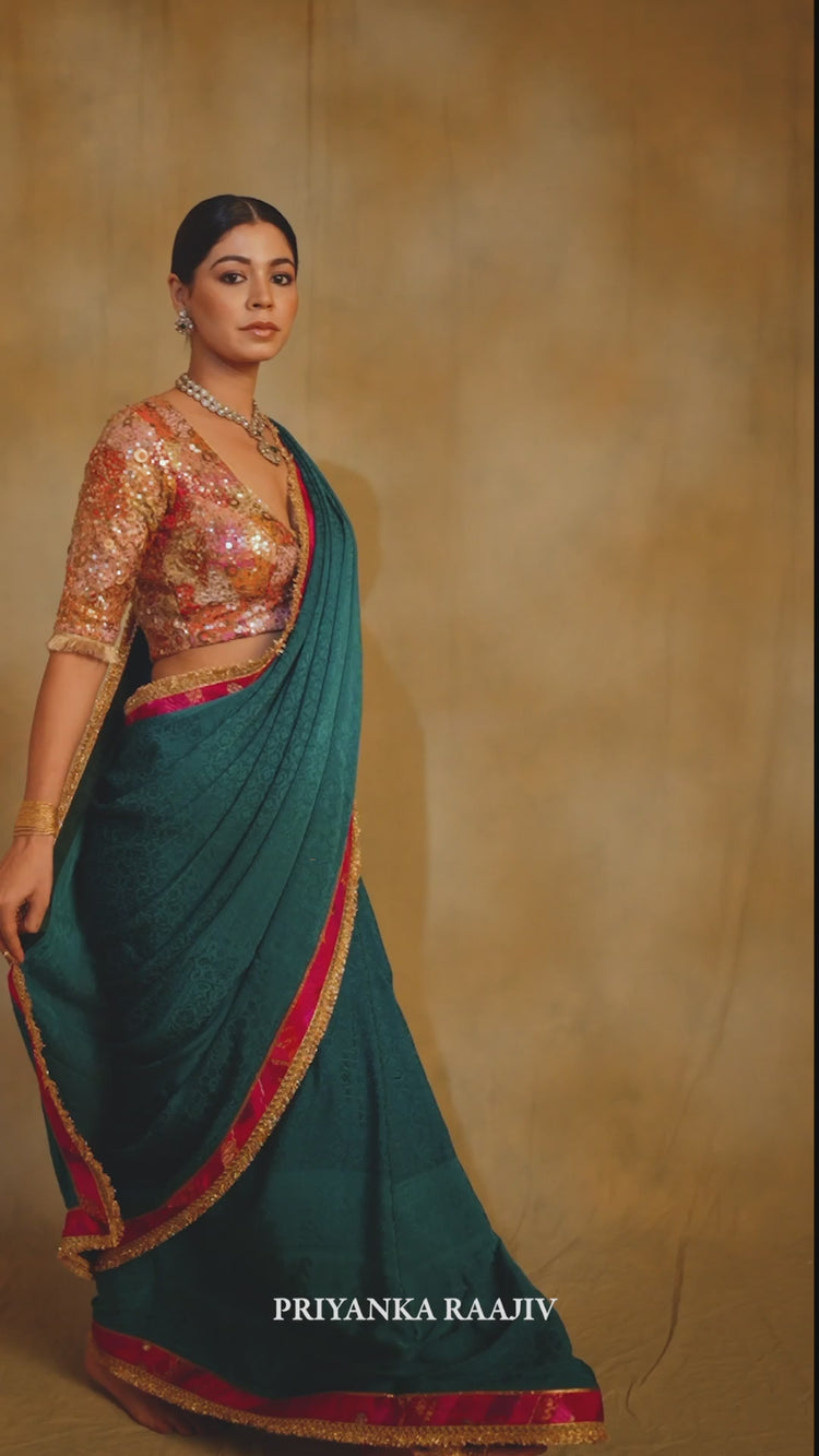 Holi- Teal Silk Crepe Upcycled Saree