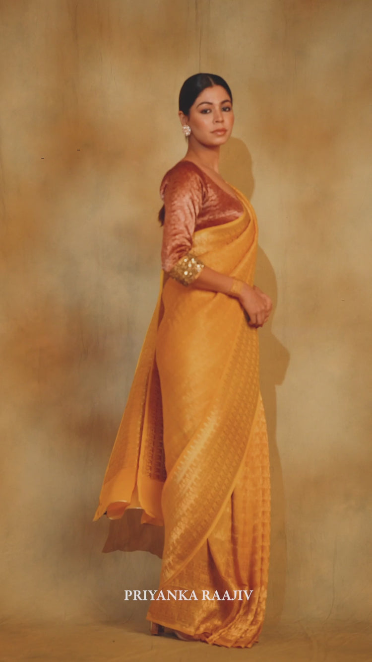 Gudi- Cananry Yellow Silk Georgette Banarasi Saree