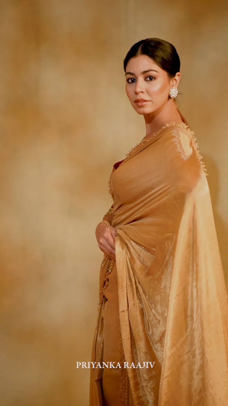 Purnima- Gold Silk Tissue Chanderi Upcycled Jod Saree