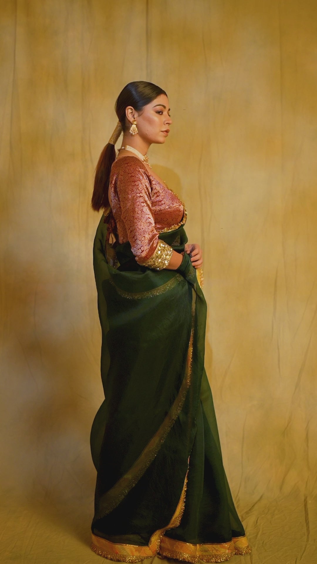 Dooj- Bottle Green Silk Organza Upcycled Saree