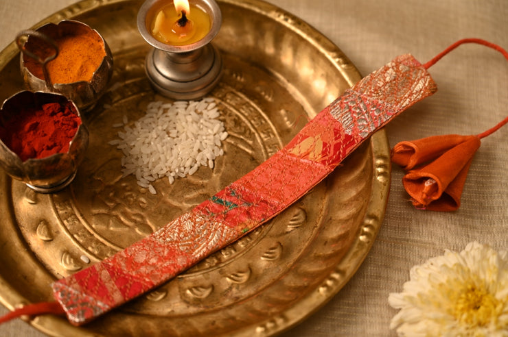 Zardar Sneh - Orange  upcycled patchwork rakhi with tassels