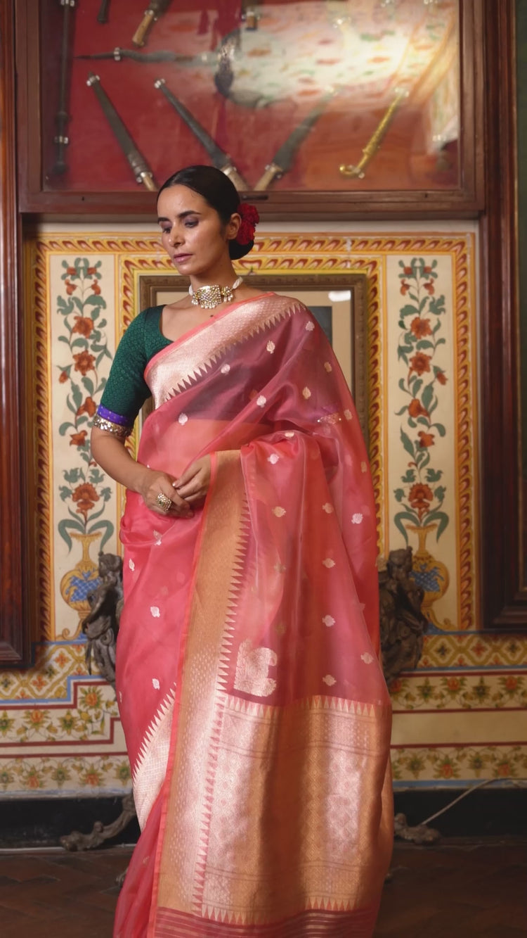 Aisaa- Pink Silk Brocade Organza Banarasi Saree