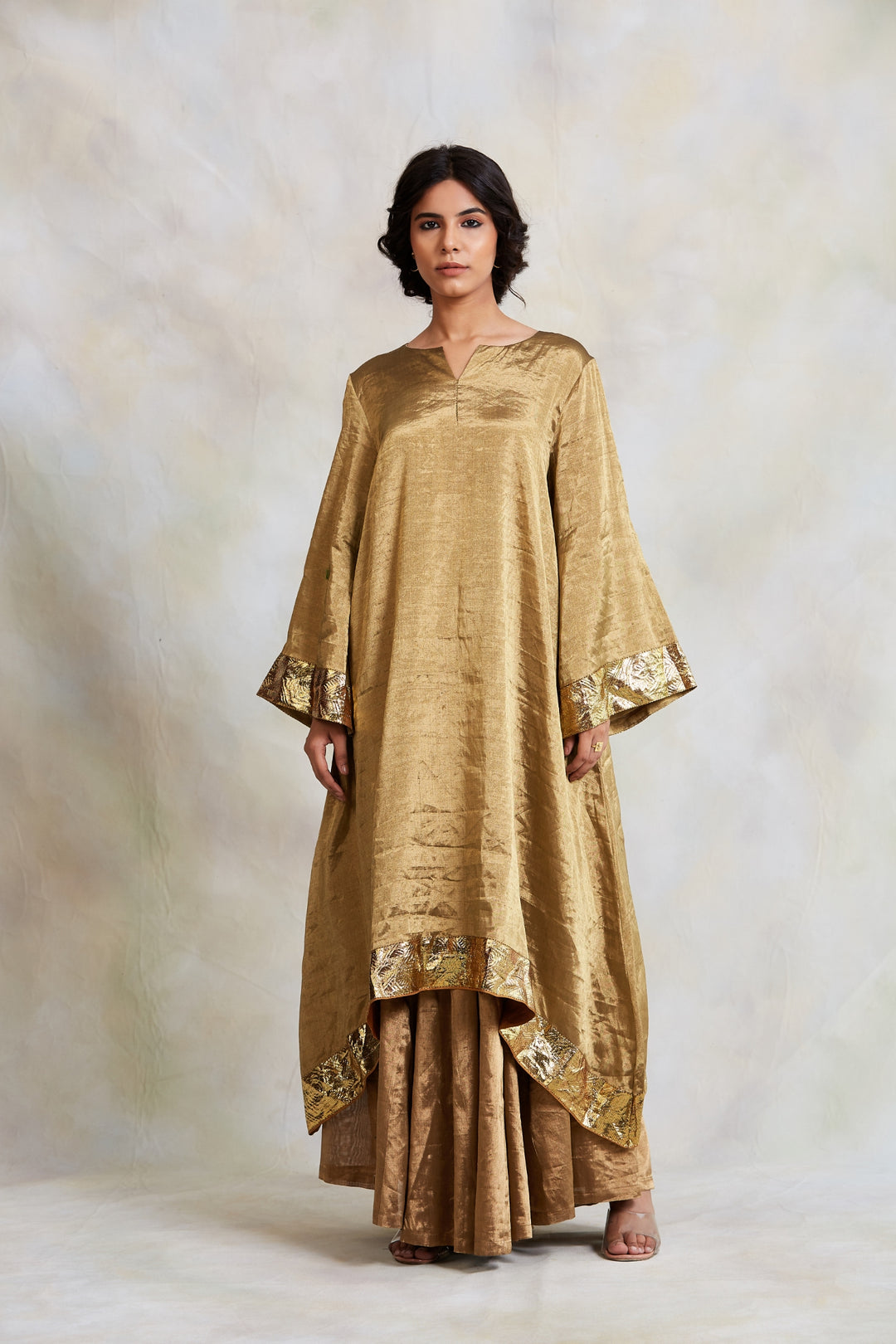 Zinia - Gold Silk Tissue Kurta with Kalidaar Pajama