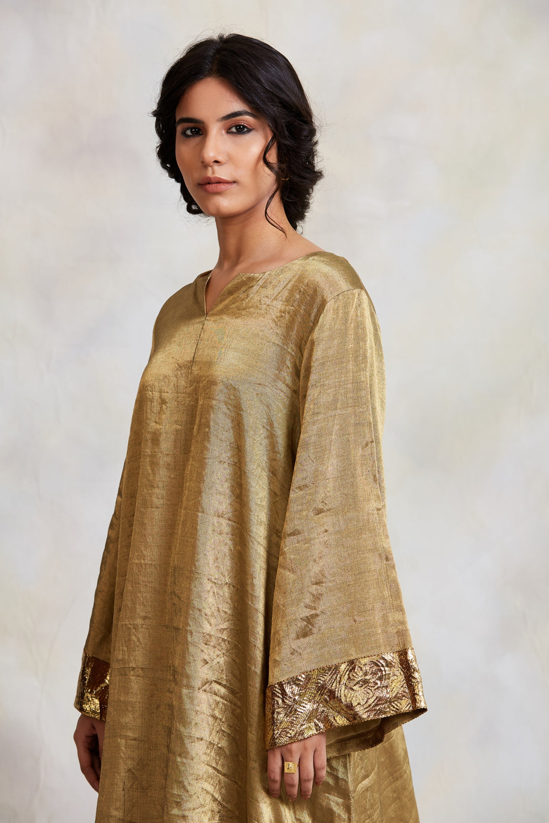 Zinia - Gold Silk Tissue Kurta with Kalidaar Pajama