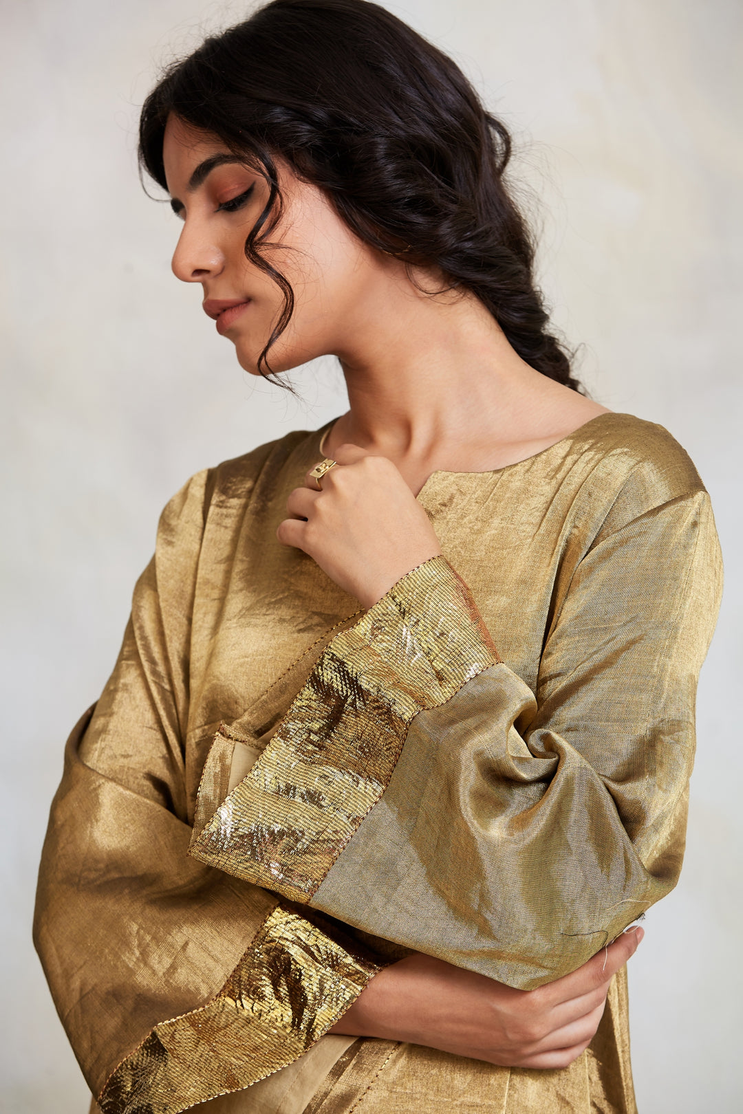 Zinia - Gold Silk Tissue Kurta with Kalidaar Pajama