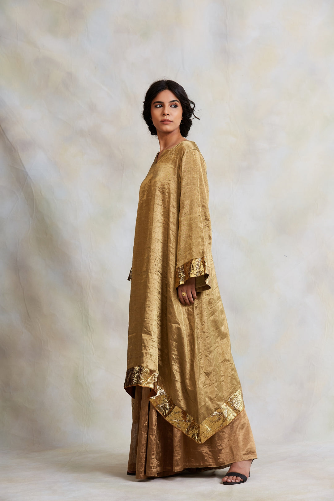 Zinia - Gold Silk Tissue Kurta with Kalidaar Pajama