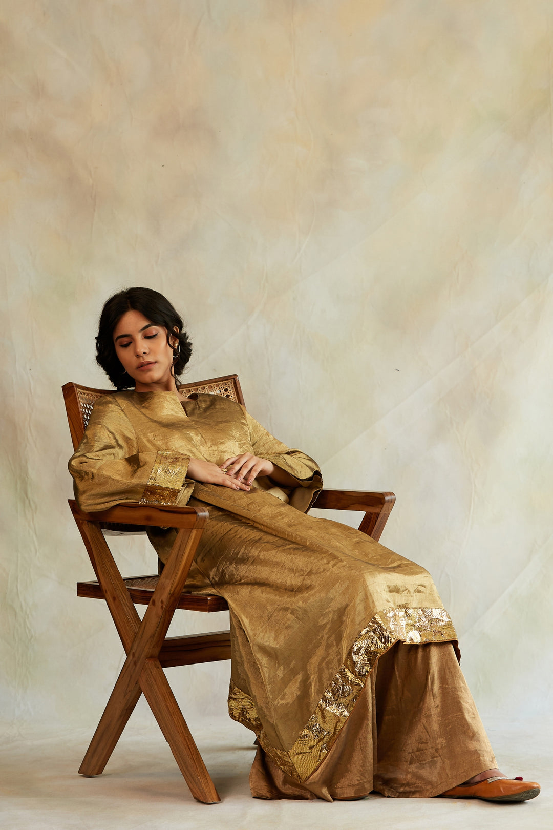 Zinia - Gold Silk Tissue Kurta with Kalidaar Pajama