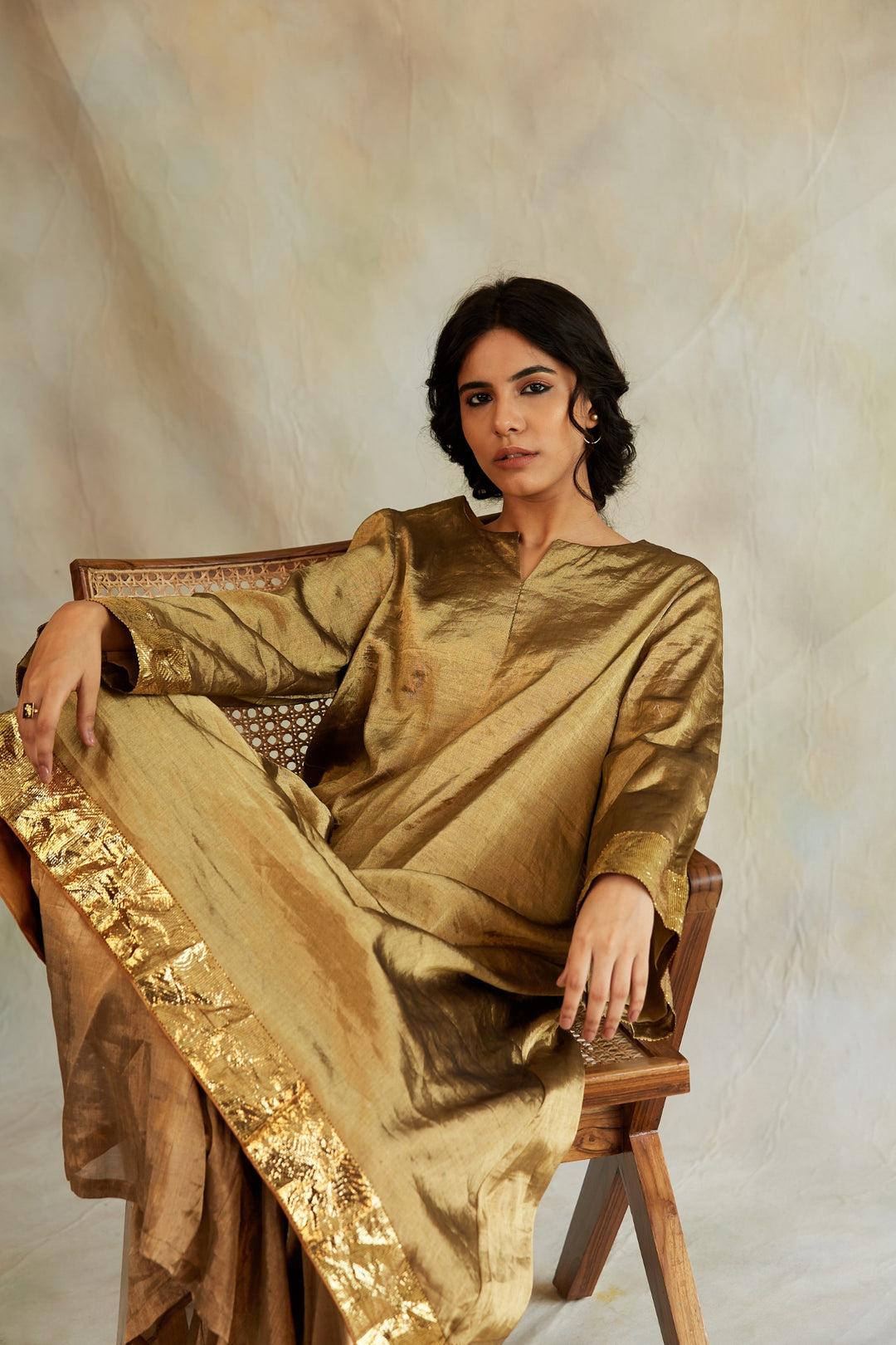 Zinia - Gold Silk Tissue Kurta with Kalidaar Pajama