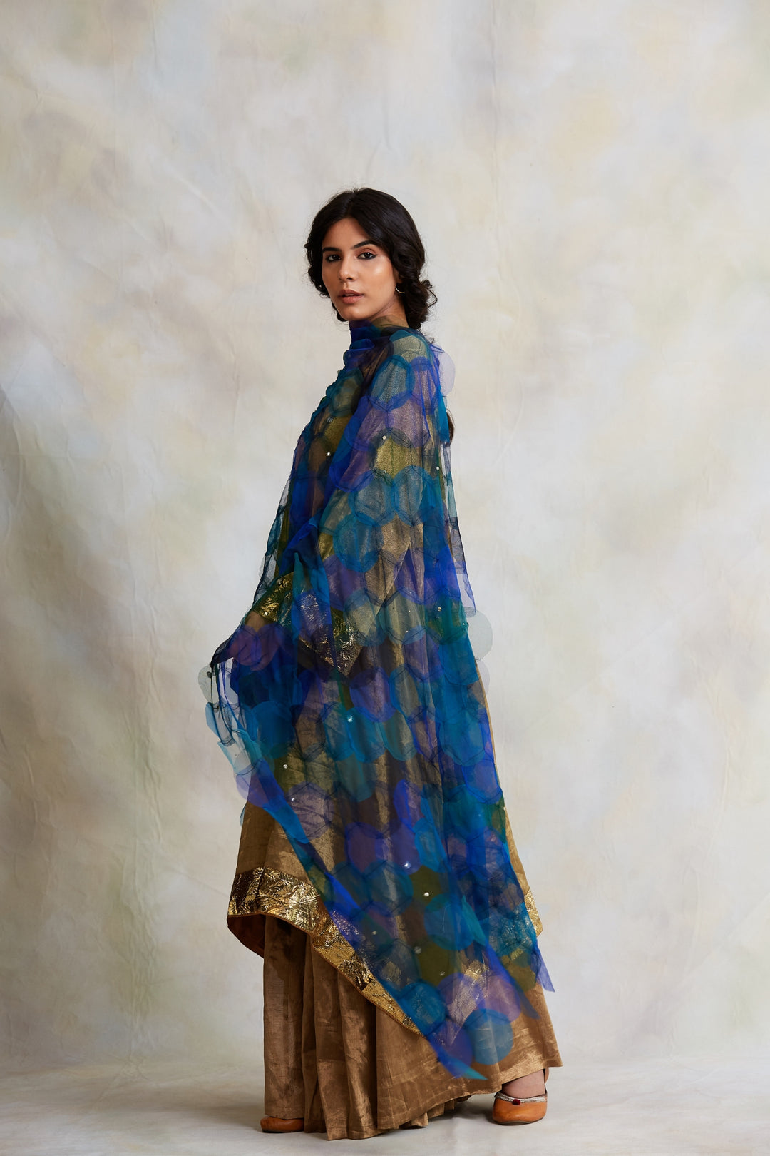 Indivar- Blue Tulle Upcycled Patchwork Dupatta