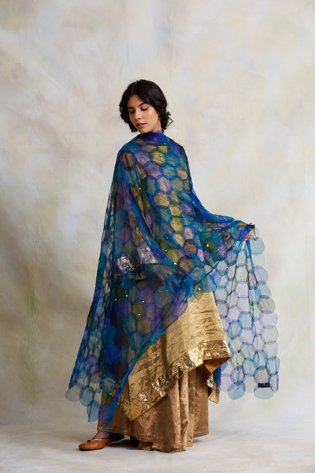 Indivar- Blue Tulle Upcycled Patchwork Dupatta