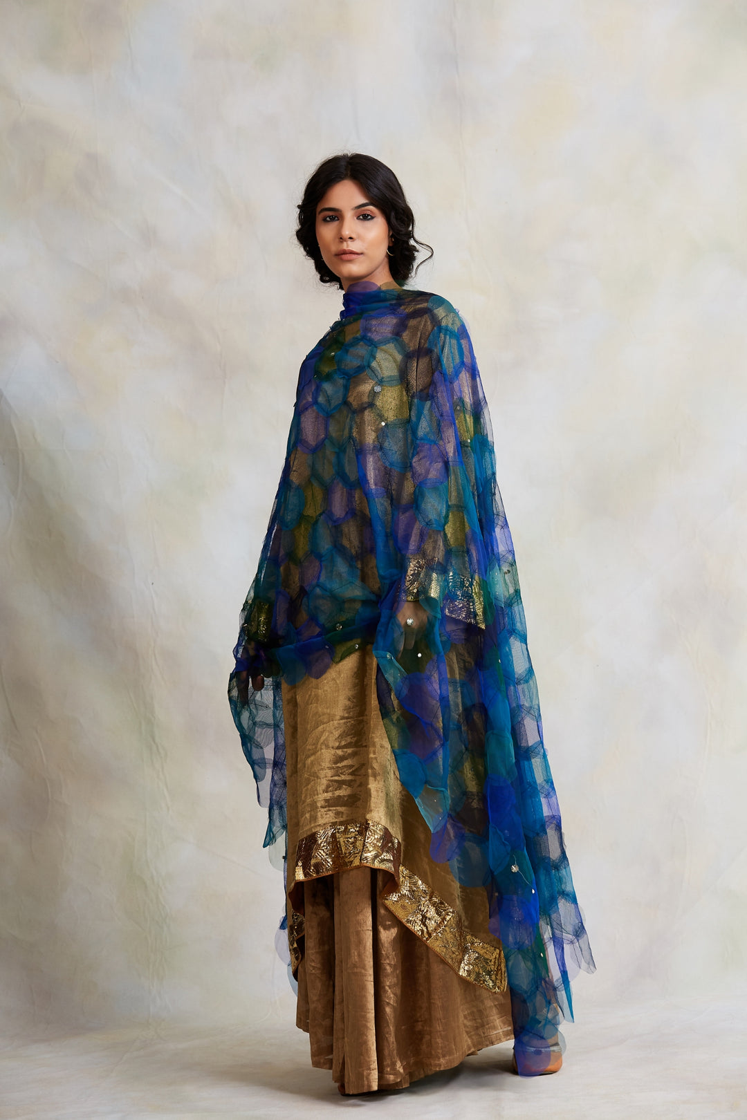 Indivar- Blue Tulle Upcycled Patchwork Dupatta