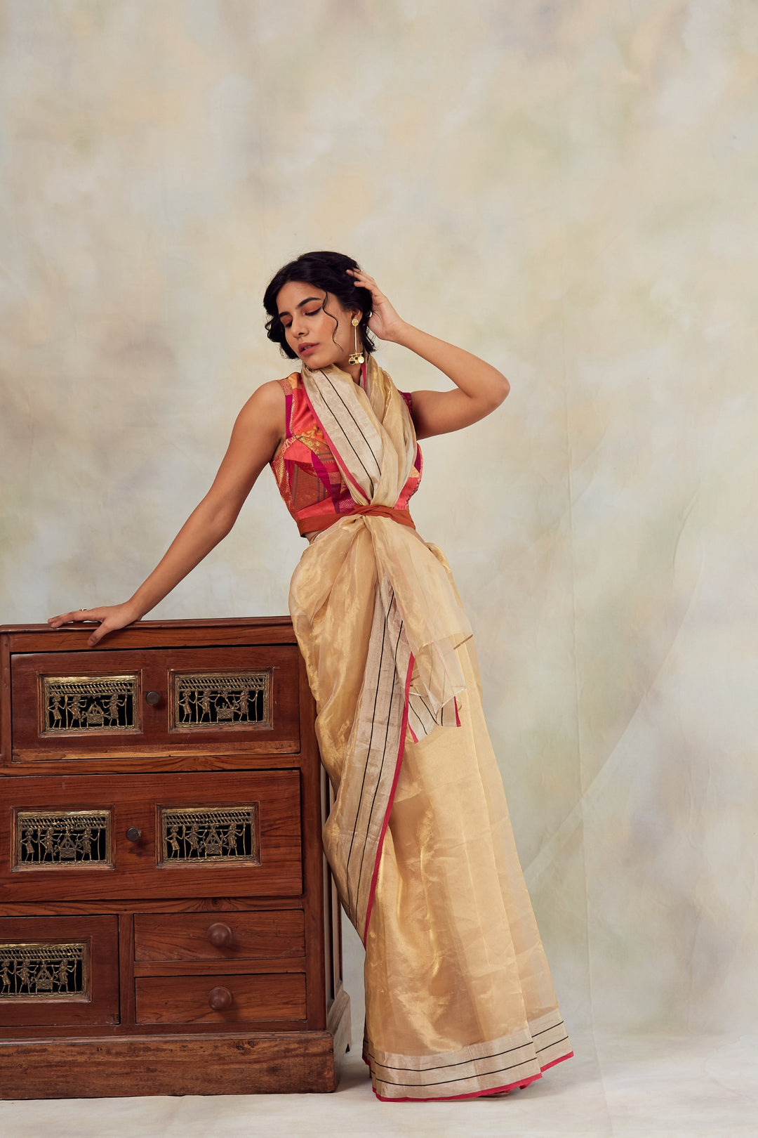 Harsingar- Gold Silk Chanderi Tissue Saree