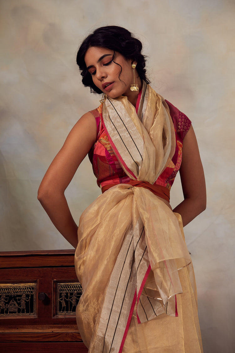 Harsingar- Gold Silk Chanderi Tissue Saree