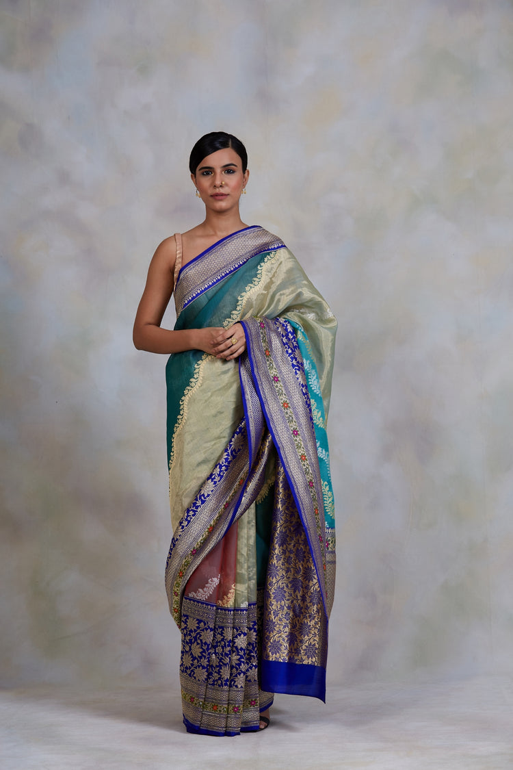 Iksha- Green & Blue Silk Brocade Organza Banarasi Saree