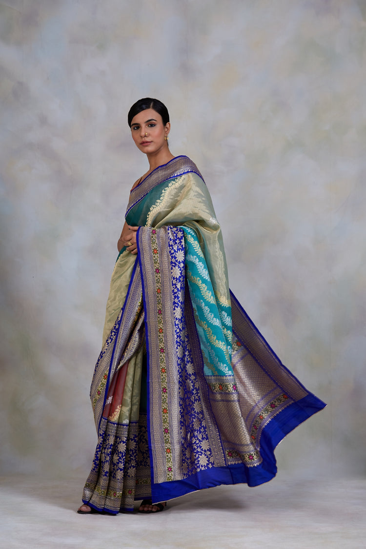 Iksha- Green & Blue Silk Brocade Organza Banarasi Saree