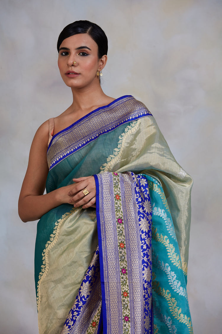 Iksha- Green & Blue Silk Brocade Organza Banarasi Saree