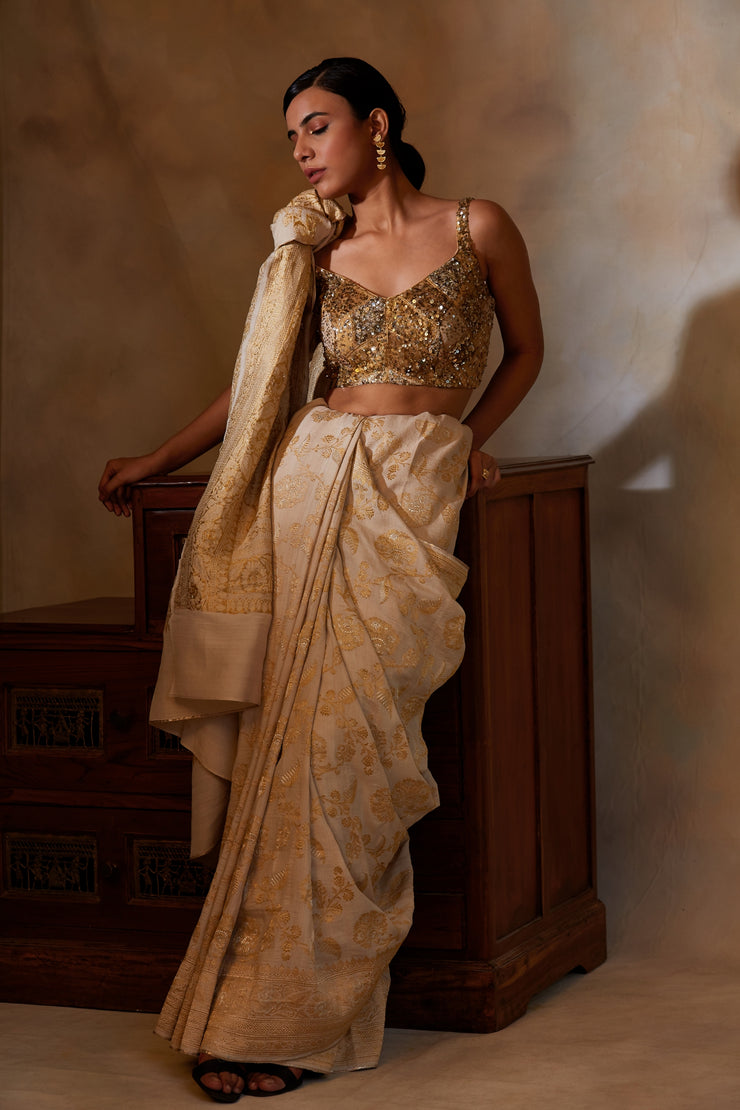 Chandramallika- Ivory Silk Brocade Banarasi Saree