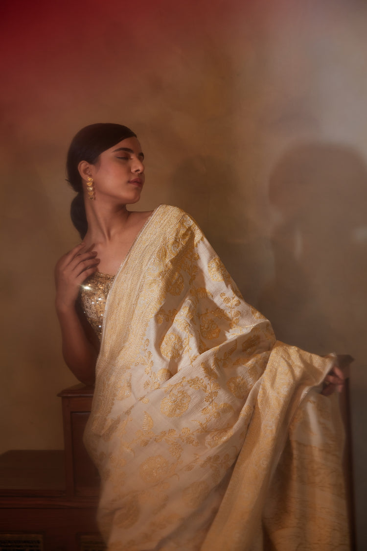 Chandramallika- Ivory Silk Brocade Banarasi Saree