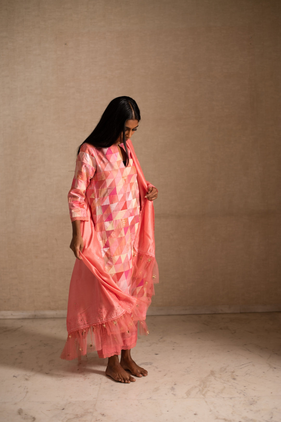 Afsa - Pink Upcycled Patchwork Kurta with Palazzo and Dupatta