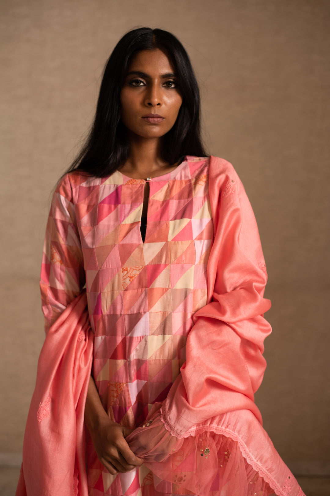 Afsa - Pink Upcycled Patchwork Kurta with Palazzo and Dupatta