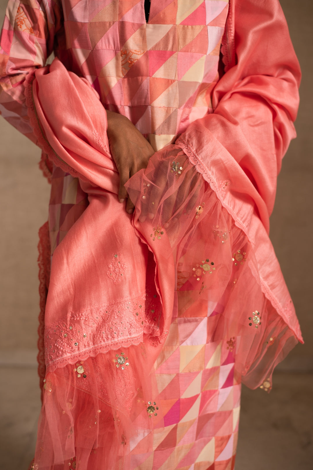 Afsa - Pink Upcycled Patchwork Kurta with Palazzo and Dupatta