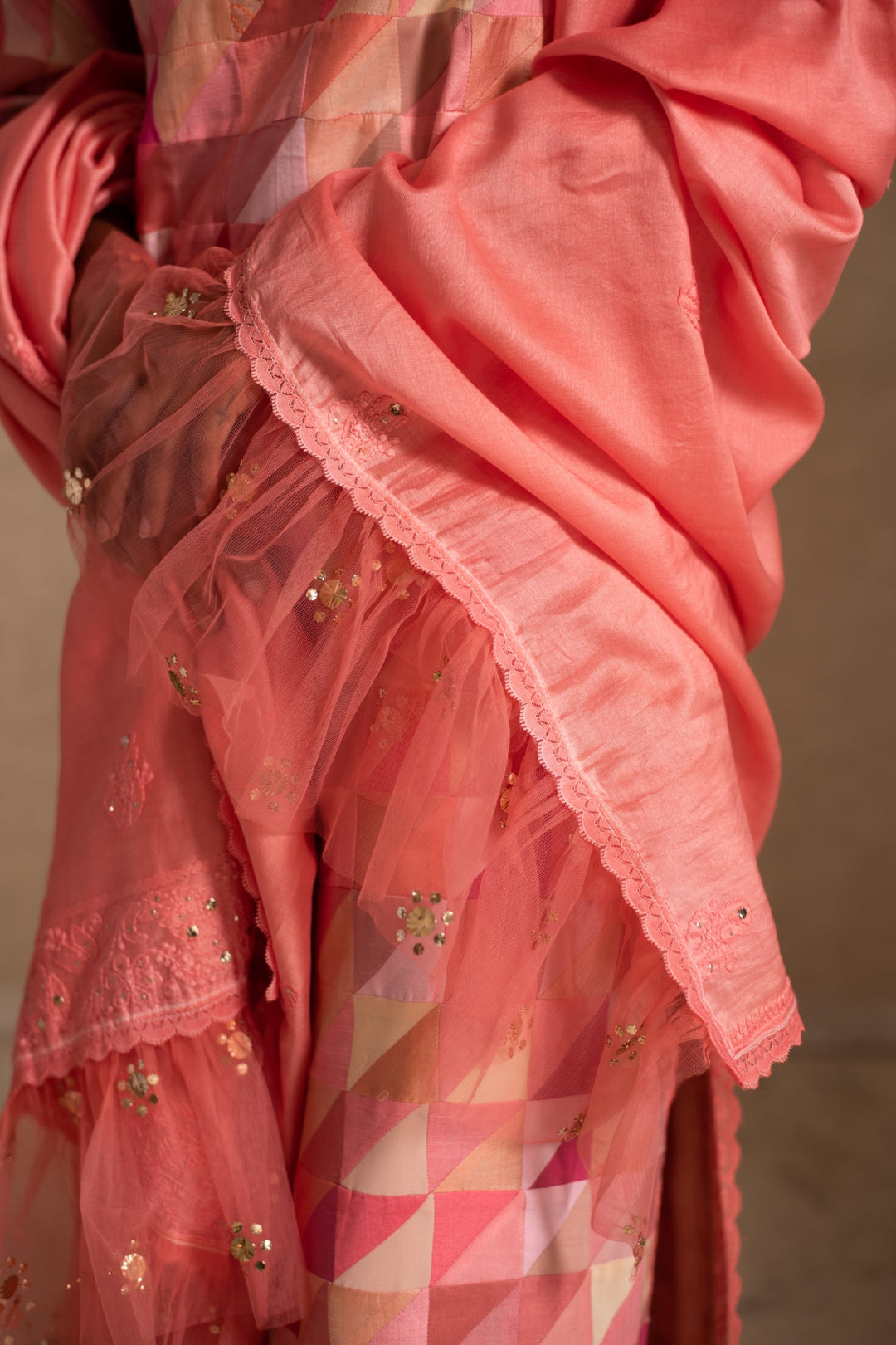 Afsa - Pink Upcycled Patchwork Kurta with Palazzo and Dupatta