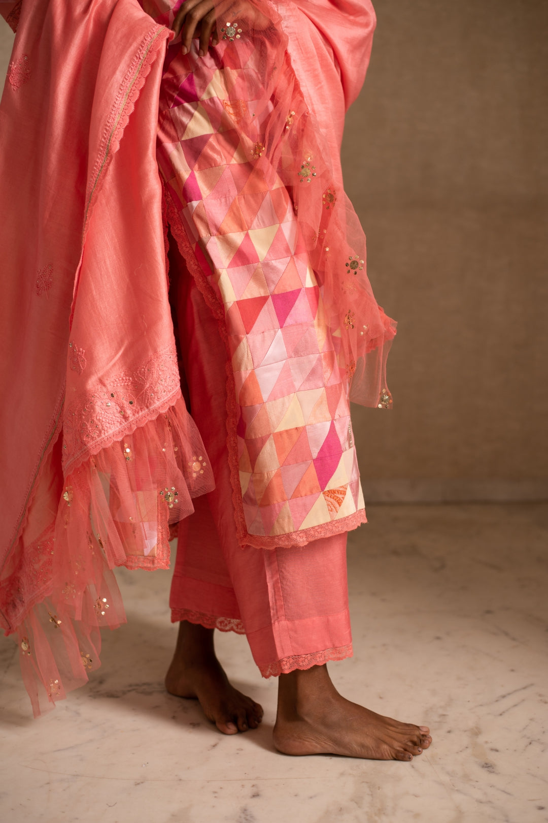 Afsa - Pink Upcycled Patchwork Kurta with Palazzo and Dupatta