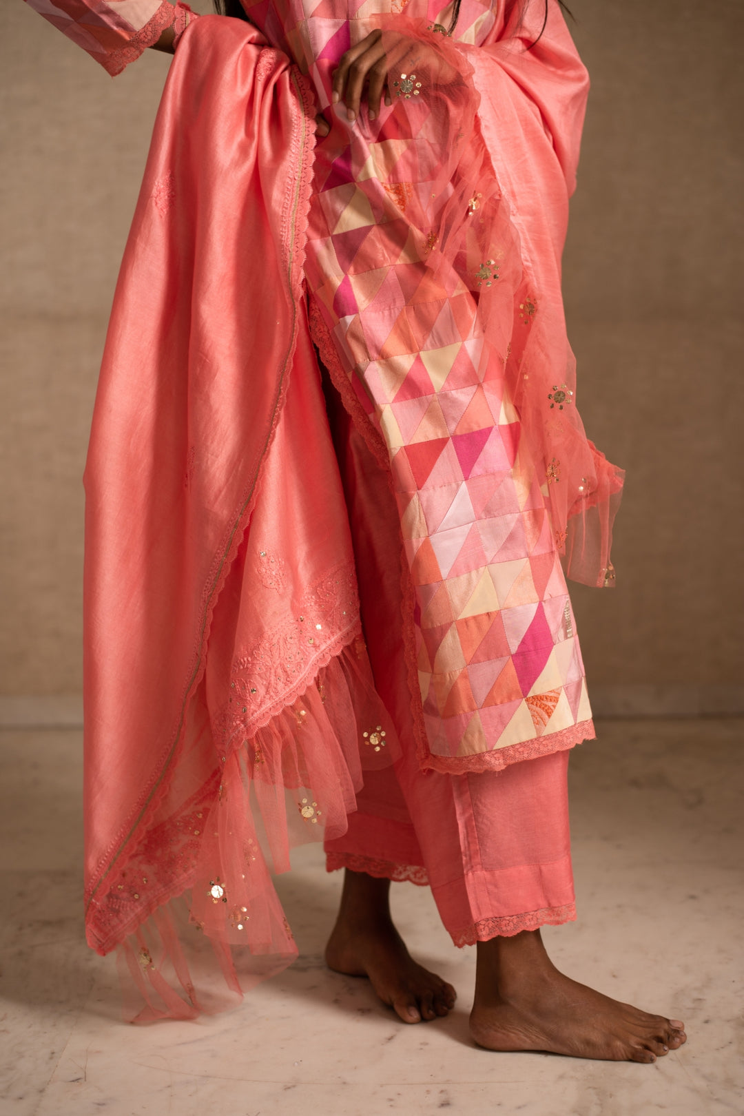 Afsa - Pink Upcycled Patchwork Kurta with Palazzo and Dupatta