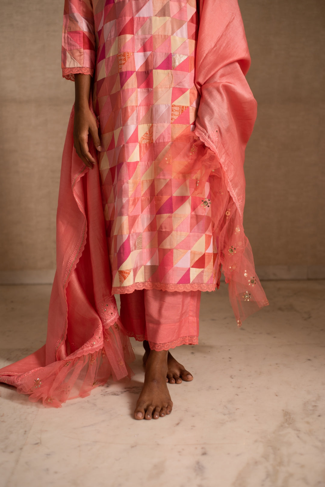 Afsa - Pink Upcycled Patchwork Kurta with Palazzo and Dupatta