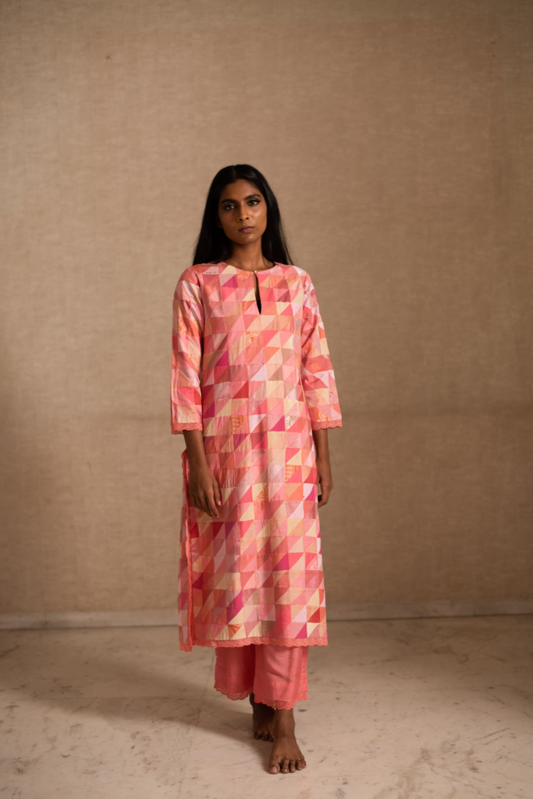 Afsa - Pink Upcycled Patchwork Kurta with Palazzo and Dupatta