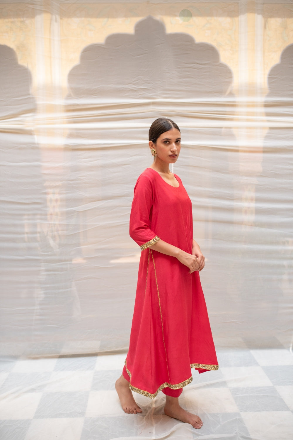 Ushna - Coral Cotton Silk A-Line Styled Kurta Set