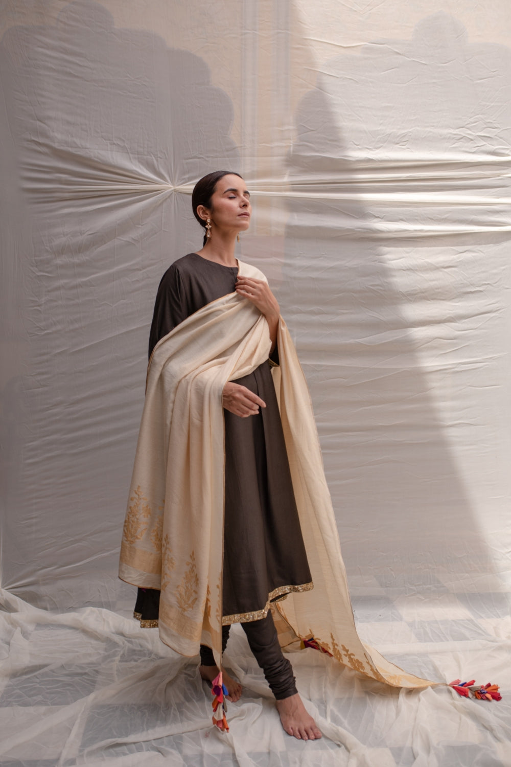 Ganga- Ivory Silk Brocade Upcycled Patchwork Dupatta