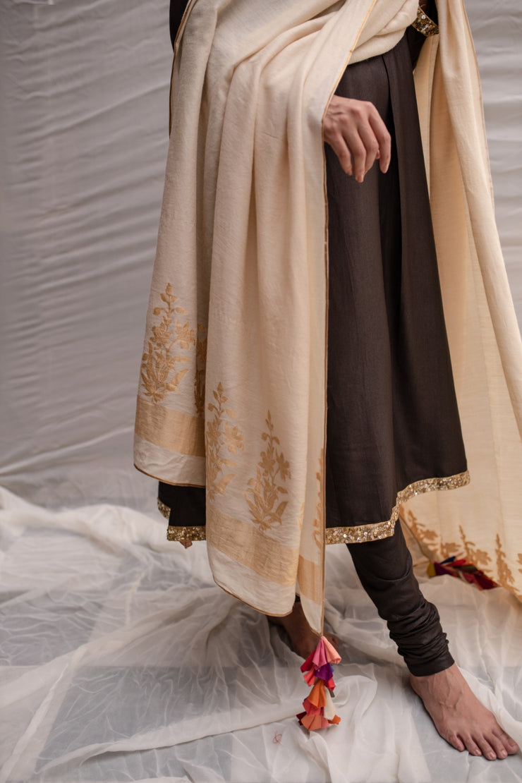 Ganga- Ivory Silk Brocade Upcycled Patchwork Dupatta